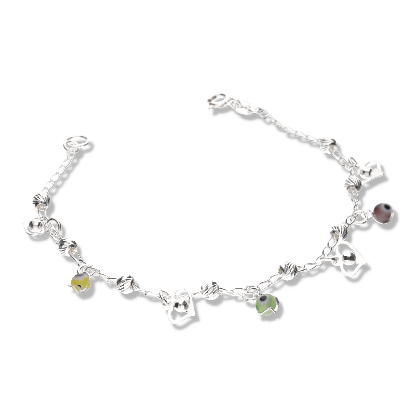 Pulsera de Corazones c/Bola Diamantada y Ojos Turcos